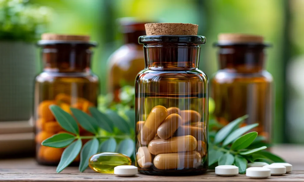 tchitcha. Close up of brown glass supplement bottles with cap 2e1aeab1 813e 42a6 b642 13b542de6596 0 pour complement