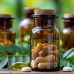 tchitcha. Close up of brown glass supplement bottles with cap 2e1aeab1 813e 42a6 b642 13b542de6596 0 pour complement