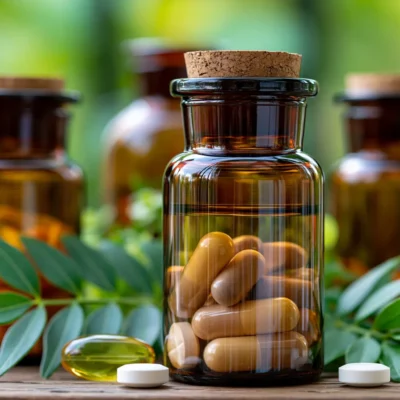 tchitcha. Close up of brown glass supplement bottles with cap 2e1aeab1 813e 42a6 b642 13b542de6596 0 pour complement