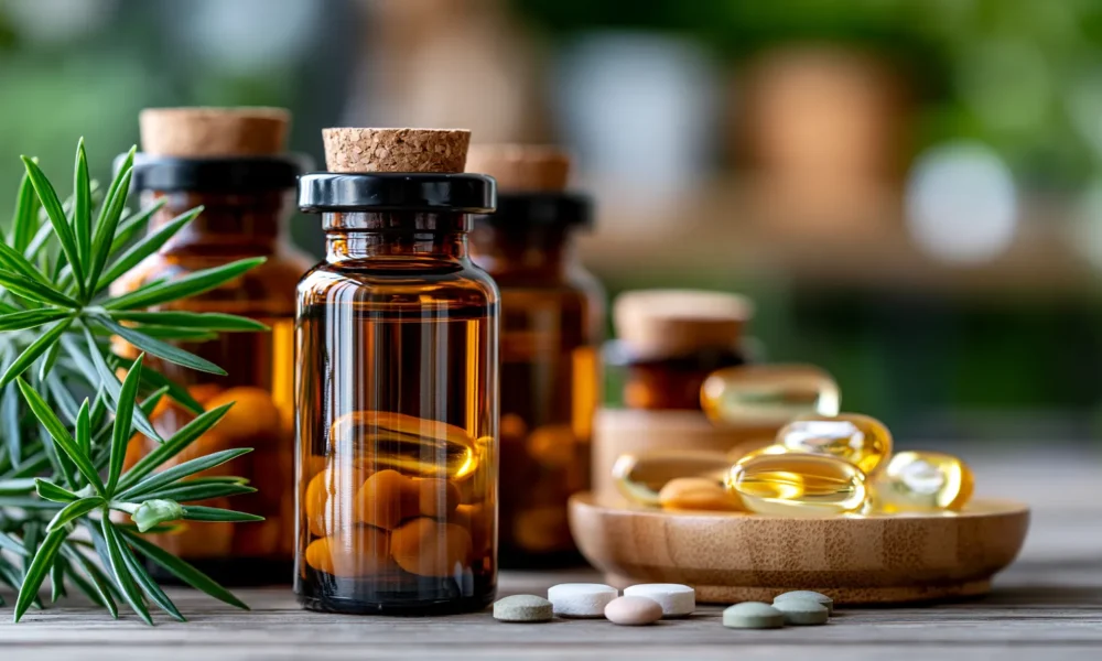 tchitcha. Close up of brown glass supplement bottles with cap 2e1aeab1 813e 42a6 b642 13b542de6596 3 pour naturopathe Paris