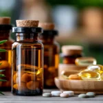 tchitcha. Close up of brown glass supplement bottles with cap 2e1aeab1 813e 42a6 b642 13b542de6596 3 pour naturopathe Paris
